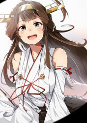 Rule 34 | 10s, 1girl, ahoge, bare shoulders, blush, brown eyes, brown hair, detached sleeves, double bun, hairband, headgear, japanese clothes, kantai collection, kongou (kancolle), long hair, looking at viewer, nontraditional miko, open mouth, ribbon-trimmed sleeves, ribbon trim, smile, solo, tears, yuuzuki (re&#039;ef)