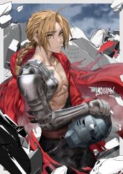 Rule 34 | 1boy, artist name, belt, black pants, border, braid, chain, edward elric, fullmetal alchemist, helmet, highres, holding, holding helmet, hood, hooded jacket, jacket, jacket partially removed, laovaan, long hair, looking at viewer, male focus, mechanical arms, muscular, muscular male, outdoors, own hands together, pants, parted bangs, prosthesis, prosthetic arm, rain, red jacket, single mechanical arm, solo, torn clothes, torn jacket, wet