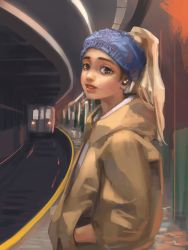 Rule 34 | 1girl, absurdres, bandana, blonde hair, blue bandana, brown eyes, commentary, contemporary, earbuds, earphones, english commentary, fine art parody, girl with a pearl earring, hair through headwear, hands in pockets, high ponytail, highres, hood, hood down, hoodie, jamusien, lips, looking at viewer, nose, parody, railroad tracks, solo, thick eyebrows, train, train station, train station platform, wireless earphones, yellow hoodie