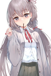 Rule 34 | 1girl, blush, buttons, collared shirt, commentary request, cowboy shot, food, green skirt, grey eyes, grey hair, hair ornament, highres, holding, holding food, holding pocky, long hair, long sleeves, looking at viewer, mouth hold, namikishiho, neck ribbon, open clothes, original, pleated skirt, pocky, pocky day, red ribbon, ribbon, school uniform, shirt, simple background, skirt, solo, standing, twintails, white background, white shirt