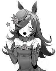 Rule 34 | 1girl, ^ ^, animal ears, bare shoulders, blush, clenched hands, closed eyes, dohyo123123, dress, greyscale, hat, highres, horse ears, long hair, mini hat, monochrome, off-shoulder dress, off shoulder, open mouth, rice shower (umamusume), simple background, solo, star (symbol), umamusume, upper body, white background