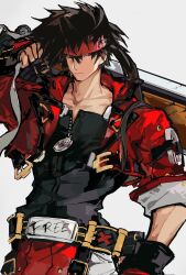 Rule 34 | 1boy, belt, brown hair, collarbone, english text, fighting stance, found modori, guilty gear, guilty gear strive, hair between eyes, headband, highres, holding, holding sword, holding weapon, male focus, outrage mk ii, over shoulder, ponytail, red eyes, serious, sol badguy, solo, sword, weapon, weapon on back, weapon over shoulder, zipper, zipper pull tab