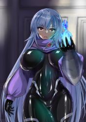 Rule 34 | 1girl, binkan argento, black bodysuit, blue fire, blue hair, bodysuit, breasts, cameltoe, covered navel, cowboy shot, eyes visible through hair, fire, fire, gem, highres, impossible bodysuit, impossible clothes, large breasts, latex, latex bodysuit, long hair, looking at viewer, original, purple scarf, red eyes, red gemstone, scarf, shiny clothes, shrug (clothing), skin tight, solo, thigh gap, turtleneck