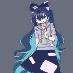 Rule 34 | !, 1girl, blue bow, blue eyes, blue hair, blue skirt, bow, bracelet, de17a, grey background, hood, hoodie, jewelry, jitome, long hair, nervous smile, ofuda, open mouth, patch, simple background, skirt, smile, solo, sweat, touhou, very long hair, yorigami shion