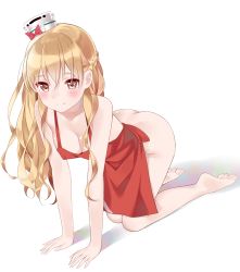 Rule 34 | 10s, 1girl, absurdres, all fours, apron, ass, bare shoulders, blonde hair, blush, braid, breasts, brown eyes, cleavage, collarbone, denkitori, hat, highres, kantai collection, large breasts, long hair, looking at viewer, mini hat, naked apron, no panties, shadow, simple background, solo, wavy hair, white background, zara (kancolle)