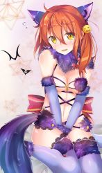 Rule 34 | 1girl, ahoge, animal ears, bat (animal), between legs, blush, breasts, breasts apart, cosplay, eyebrows, fang, fate/grand order, fate (series), flying sweatdrops, fujimaru ritsuka (female), fur, fur trim, hair between eyes, hair ornament, halloween costume, hand between legs, head tilt, highres, jack-o&#039;-lantern, jack-o&#039;-lantern hair ornament, lace, lace-trimmed legwear, lace trim, long hair, looking at viewer, mash kyrielight, mash kyrielight (dangerous beast), mash kyrielight (dangerous beast) (cosplay), medium breasts, midriff, moai21, navel, nose blush, o-ring, official alternate costume, open mouth, orange hair, shielder (fate/grand order) (cosplay), sitting, solo, sweatdrop, tail, thighhighs, wavy mouth, wolf ears, wolf tail, yellow eyes