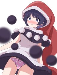 Rule 34 | 1girl, :3, bad id, bad pixiv id, black capelet, blue eyes, blue hair, blurry, blurry foreground, blush, bow, bow panties, breasts, capelet, commentary, cowboy shot, doremy sweet, dress, hat, looking at viewer, medium breasts, nightcap, nose blush, panties, pantyshot, pink panties, polka dot, polka dot panties, pom pom (clothes), red hat, short hair, simple background, solo, standing, thighs, touhou, underwear, white background, white dress, yukome