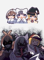 Rule 34 | 3girls, absurdres, ahoge, animal ears, blonde hair, blue eyes, boomei (nanashi mumei), bow, brown hair, capelet, cat ears, dress shirt, feather hair ornament, feathers, ghost costume, grey hair, hair ornament, hair ribbon, hairclip, halloween costume, hat, highres, hololive, hololive english, hololive indonesia, long tongue, mask, mask on head, multicolored hair, multiple girls, nanashi mumei, nanashi mumei&#039;s horror painting, necktie, open mouth, ribbon, sarariman114, shaded face, sharp teeth, shirt, smile, smol ame, streaked hair, teeth, tongue, upper body, vestia zeta, virtual youtuber, watson amelia, witch hat, | |