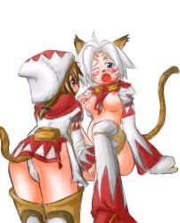 Rule 34 | 00s, 2girls, animal ears, blue eyes, blush, breasts, brown hair, cat ears, cat girl, cat tail, clothes lift, final fantasy, final fantasy xi, large breasts, mithra (ff11), multiple girls, nipples, panties, shirt lift, short hair, sketch, tail, thighhighs, underwear, wet, white hair, white mage (final fantasy), white panties, yellow eyes, yuri