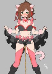 Rule 34 | 1girl, :3, alternate costume, animal ears, artist name, black bra, black footwear, black panties, black skirt, blush, boots, bra, breasts, brown hair, cat ears, cat girl, cat tail, cleavage, clothes lift, collarbone, commission, detached collar, fang, female focus, flat color, frilled bra, frilled panties, frilled skirt, frills, gluteal fold, grey background, groin, hair ornament, hair ribbon, hands up, happy, heart, highres, idolmaster, idolmaster cinderella girls, knee boots, large breasts, legs apart, lifted by self, looking at viewer, maekawa miku, miniskirt, nail polish, navel, nose blush, nuruko (nuru55555), open mouth, panties, pee, peeing, peeing self, pom pom (clothes), pom pom hair ornament, ponytail, red nails, red ribbon, red thighhighs, ribbon, short hair, sidelocks, signature, simple background, skeb commission, skirt, skirt lift, slit pupils, smile, solo, standing, stomach, strap slip, sweat, tail, thighhighs, tongue, tongue out, underwear, wet, wet clothes, wet panties