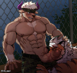 Rule 34 | 2boys, abs, animal ears, bad id, bad pixiv id, bara, blush, brown fur, camouflage, camouflage headwear, camouflage pants, censored, chest hair, cow ears, cow horns, erection, fellatio, furry, furry male, furry with furry, hand on another&#039;s head, highres, hombre tigre (housamo), horns, large pectorals, licking, licking penis, male focus, male pubic hair, minotaur, mosaic censoring, multiple boys, muscular, muscular male, navel, navel hair, nipples, open pants, oral, paid reward available, pants, pectorals, penis, pubic hair, purple eyes, purple horns, paid reward available, shennong (housamo), short hair, ssu (3228113), stomach, tokyo houkago summoners, topless male, white hair, yaoi