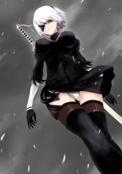 Rule 34 | 1girl, blindfold, breasts, cloud, covered navel, dutch angle, fengya, from below, gloves, gluteal fold, highres, katana, large breasts, leotard, nier (series), nier:automata, short hair, snowing, solo, sword, weapon on back, thighhighs, thighs, weapon, white hair, 2b (nier:automata), zettai ryouiki