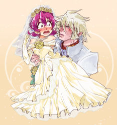 Rule 34 | 1boy, 1girl, :o, aida mana, bad id, bad pixiv id, blonde hair, blush, bridal veil, bride, carrying, dokidoki! precure, dress, elbow gloves, flipped hair, flower, formal, gloves, jewelry, kanko (lil), marsh (dokidoki! precure), matthew (dokidoki! precure), necklace, pearl necklace, pink eyes, pink hair, pointy ears, precure, princess carry, rose, short hair, suit, surprised, veil, wedding dress, yellow background, yellow flower, yellow rose