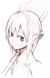 Rule 34 | 1girl, animal ears, breath of fire, breath of fire ii, facial mark, fang, female focus, lowres, monochrome, nanashin, portrait, rinpoo chuan, short hair, smile, solo, staff, weapon, white background