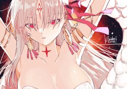 Rule 34 | 1girl, animal, armlet, armpits, arms up, bare shoulders, body markings, breasts, cleavage, collarbone, durga (fate), earrings, facial mark, fate/grand order, fate (series), forehead mark, grey hair, hair ribbon, highres, jewelry, kimidorix32, large breasts, long hair, looking at viewer, oversized animal, parted lips, red eyes, ribbon, snake, solo, very long hair