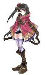 Rule 34 | 1girl, atelier (series), atelier totori, belt, black hair, boots, female focus, full body, gloves, hair ornament, hairpin, highres, long hair, mimi houllier von schwarzlang, mukuroi, purple eyes, shawl, short shorts, shorts, side ponytail, solo, thighhighs, thighhighs under boots, white background, white thighhighs