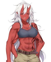 Rule 34 | 1girl, abs, absurdres, akane (existence), bare arms, belt, black tank top, breasts, collarbone, colored skin, dinosaurus (azimangasaurus), existence, extra arms, closed eyes, game cg, hair between eyes, hands in pockets, highres, horns, large breasts, long hair, looking at viewer, midriff, monster girl, muscular, muscular female, navel, oni, oni horns, open mouth, orange eyes, pants, pocket, pockets, pointy ears, red skin, saliva, shirt, sidelocks, simple background, smile, solo, standing, tank top, tattoo, upper body, white background, white hair