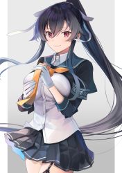 Rule 34 | 1girl, absurdres, adjusting neckwear, black hair, black jacket, black skirt, border, breasts, garter straps, gloves, grey background, hair between eyes, hair ribbon, highres, jacket, kantai collection, large breasts, long hair, looking at viewer, open clothes, open jacket, outside border, pleated skirt, ponytail, red eyes, ribbon, shirt, sidelocks, simple background, single garter strap, single thighhigh, skirt, smile, solo, standing, striped clothes, striped shirt, thighhighs, tree, very long hair, water, white border, white gloves, white shirt, wind, yahagi (kancolle), yahagi kai ni (kancolle), yellow neckwear, yunamaro