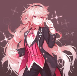 Rule 34 | 1girl, alternate costume, artist name, black coat, black hairband, black pants, bolo tie, brown background, butler, clenched hands, coat, collared shirt, cowboy shot, elsword, eternity winner (elsword), female butler, fleur-de-lis, hairband, hand up, highres, laby (elsword), long hair, long sleeves, looking ahead, looking to the side, necktie, open clothes, open coat, open mouth, pants, pink eyes, pink hair, pink necktie, pink vest, pinstripe pants, pinstripe pattern, shirt, signature, simple background, smile, solo, sparkle, striped clothes, striped pants, striped vest, takano jiyuu, vertical-striped clothes, vertical-striped pants, vertical-striped vest, very long hair, vest, white shirt, wing collar