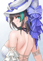 Rule 34 | 1girl, azur lane, back, back focus, backless dress, backless outfit, bare back, bare shoulders, blue eyes, bow, breasts, cheshire (azur lane), cheshire (the cat and the white steed) (azur lane), dress, evening gown, green hair, grey hair, hair bow, hat, highres, large breasts, looking at viewer, looking back, multicolored hair, official alternate costume, purple bow, sai-go, simple background, sleeveless, sleeveless dress, solo, strapless, strapless dress, streaked hair, sun hat, two-tone hair, white background, white dress, white hat