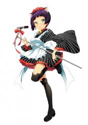 Rule 34 | 1girl, animal ears, apron, araki rena, artist request, bell, black footwear, black thighhighs, boots, cat ears, cross-laced footwear, earrings, full body, green eyes, japanese clothes, jewelry, jingle bell, kimono, kimono skirt, lace-up boots, maid, maid apron, maid headdress, microphone, microphone stand, official art, purple hair, short hair, skirt, solo, striped clothes, striped skirt, thigh boots, thighhighs, tokyo 7th sisters, vertical-striped clothes, vertical-striped skirt, wa maid