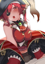 Rule 34 | 1girl, absurdres, arm support, ascot, black thighhighs, blurry, blush, brooch, buttons, depth of field, double-breasted, eyepatch, hair ribbon, hat, hat feather, highres, hololive, houshou marine, jewelry, leaning forward, lips, looking at viewer, off-shoulder jacket, off shoulder, open mouth, pirate hat, pleated skirt, red eyes, red hair, red skirt, ribbon, shirt, simple background, skirt, sleeveless, sleeveless shirt, solo, thighhighs, tonarikeru, twintails, virtual youtuber, white background, zettai ryouiki
