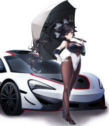 Rule 34 | 1girl, :o, absurdres, azur lane, bare shoulders, black hair, black pantyhose, bodystocking, bow, breasts, cleavage, cleavage cutout, clothing cutout, commentary request, detached sleeves, elbow gloves, gloves, hair bow, hair ribbon, hand on own hip, highres, koflif, leotard, long legs, looking at viewer, mclaren p1, official alternate costume, pantyhose, ponytail, race queen, race vehicle, revision, ribbon, skin tight, skindentation, standing, takao (azur lane), takao (full throttle charmer) (azur lane), umbrella