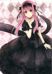 Rule 34 | 1girl, :o, absurdres, argyle, argyle background, argyle clothes, black dress, candy, choker, dress, food, frills, gothic lolita, hagiwara rin, hairband, highres, holding, lolita fashion, lolita hairband, lollipop, long hair, looking at viewer, open mouth, original, pink eyes, pink hair, scan, solo, wrist cuffs
