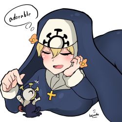 Rule 34 | 1girl, blush, chibi, cross, cross necklace, double (skullgirls), dual persona, closed eyes, flower, habit, hand on own cheek, hand on own face, highres, jewelry, kazunoko (split), lying, monster, necklace, nun, on stomach, open mouth, size difference, skullgirls, smile, solo, thought bubble, white background