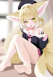 1girl absurdres animal_ear_fluff animal_ears arknights breasts fang feet flower fox_ears fox_girl fox_tail green_eyes hair_intakes hair_rings hat hei_tudou highres kitsune kyuubi lily_of_the_valley loli material_growth multiple_tails open_mouth oripathy_lesion_(arknights) pantyhose school_uniform sitting skin_fang small_breasts solo suzuran_(arknights) tail white_pantyhose