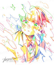 Rule 34 | 1girl, artist name, blunt bangs, blush, bow, bowtie, cardigan vest, collared shirt, colorful, hatching (texture), highres, jacket, looking at viewer, open clothes, open jacket, original, procreate (medium), school uniform, shirt, short hair, signature, simple background, solo, tears, upper body, watanabe tomari, watermark, white background, winter uniform