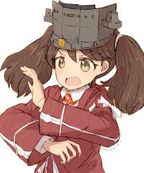 Rule 34 | 1girl, alchera, bad id, bad twitter id, brown eyes, brown hair, crest, japanese clothes, kantai collection, kariginu, magatama, open mouth, ryuujou (kancolle), simple background, solo, tsurime, twintails, twitter username, upper body, visor cap, white background