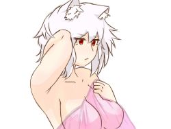 Rule 34 | animal ears, armpits, bad id, bad pixiv id, bare shoulders, bed sheet, collarbone, colorized, covering privates, covering breasts, dog ears, hand on own neck, inubashiri momiji, nude, red eyes, short hair, simple background, upper body, wavy mouth, white background, white hair, wolf ears