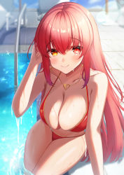 Rule 34 | 1girl, bare arms, bare shoulders, bikini, blush, breasts, cleavage, closed mouth, collarbone, create os, day, hair between eyes, halterneck, hand in own hair, hand up, heart, heart necklace, heterochromia, highres, hololive, houshou marine, houshou marine (summer), jewelry, large breasts, lens flare, looking at viewer, necklace, outdoors, pool, poolside, raised eyebrows, red bikini, red eyes, red hair, sidelocks, smile, solo, sparkle, swimsuit, thighs, virtual youtuber, wading, water, wet, yellow eyes