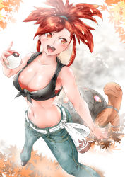 Rule 34 | 1girl, absurdres, black shirt, breasts, bro.you-yan, cleavage, covered erect nipples, creatures (company), denim, flannery (pokemon), game freak, gen 3 pokemon, gym leader, hair tie, highres, holding, holding poke ball, jeans, leaf, maple leaf, medium breasts, midriff, navel, nintendo, open mouth, pants, poke ball, poke ball (basic), pokemon, pokemon (creature), pokemon oras, ponytail, red eyes, red hair, shirt, sleeveless, strapless, tied shirt, torkoal, tube top