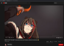 Rule 34 | 1girl, animal ears, arknights, asmr, bear ears, blue eyes, brown hair, english text, exonessis, from below, frying pan, internet, looking at viewer, multicolored hair, parody, red hair, never gonna give you up, sketch, solo, streaked hair, twitter username, watermark, web address, youtube, zima (arknights)