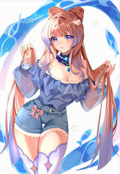 Rule 34 | 1girl, absurdres, bare shoulders, blue choker, blue eyes, blue gemstone, blue shirt, blue shorts, bow-shaped hair, breasts, choker, closed mouth, commentary, gem, genshin impact, highres, holding, holding hair, lace-trimmed shorts, lace trim, large breasts, long hair, long sleeves, looking at viewer, off-shoulder shirt, off shoulder, pink hair, puffy long sleeves, puffy sleeves, sangonomiya kokomi, see-through, see-through sleeves, shell hair ornament, shirt, shorts, sidelocks, smile, solo, split ponytail, symbol-only commentary, thigh gap, thighhighs, very long hair, water, white thighhighs, yoshitoki (kisshin)