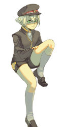 Rule 34 | 10s, 1boy, fomo, green eyes, hat, hotarumaru, jacket, loafers, looking at viewer, male focus, mary janes, military hat, military jacket, shoes, short hair, shorts, simple background, sitting, solo, thighhighs, touken ranbu, white background, white hair, white thighhighs