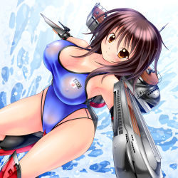 Rule 34 | 1girl, armpits, blush, boots, breasts, brown eyes, brown hair, character name, competition swimsuit, covered erect nipples, dutch angle, highleg, highleg swimsuit, highres, i-400 (mc axis), japanese flag, kogarashi (wind of winter), large breasts, looking at viewer, mc axis, nipples, one-piece swimsuit, personification, see-through, smile, solo, swimsuit, water, wet, wet clothes