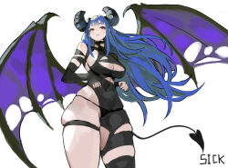 Rule 34 | absurdres, arowana2111, asymmetrical gloves, asymmetrical legwear, black panties, blue hair, breasts, cleavage, cleavage cutout, clothing cutout, demon girl, demon horns, demon tail, demon wings, gloves, highres, horns, large breasts, long hair, mismatched gloves, mismatched legwear, mocca (arowana2111), original, panties, see-through, skindentation, tail, thick thighs, thighs, underwear, wings