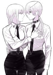 Rule 34 | 2girls, animal collar, black eyes, black necktie, black pants, braid, braided ponytail, grabbing another&#039;s breast, breasts, business suit, caress, chainsaw man, collar, collared shirt, couple, dating, dominatrix, expressionless, eyepatch, femdom, formal, grabbing, hand on another&#039;s waist, high-waist pants, highres, leash, leash pull, light smile, long hair, long sleeves, looking at another, makima (chainsaw man), medium breasts, monochrome, multiple girls, necktie, office lady, pants, ponytail, quanxi (chainsaw man), ringed eyes, shirt, shirt tucked in, smile, suit, white shirt, yuri, yuri kyanon