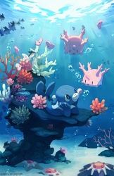 Rule 34 | air bubble, bluekomadori, bubble, clown nose, coral, corsola, finneon, gen 7 pokemon, hands on own cheeks, hands on own face, highres, looking at another, luvdisc, no humans, pokemon, pokemon (creature), popplio, sea lion, smile, starmie, staryu, tumblr username, underwater, water