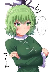 Rule 34 | ..., 1girl, annoyed, arms under breasts, black hat, blush, breasts, closed mouth, commentary request, cross-laced clothes, crossed arms, dress, frown, fusu (a95101221), green dress, green eyes, green hair, hair between eyes, hat, large breasts, long sleeves, looking away, looking to the side, short hair, simple background, soga no tojiko, solo, spoken ellipsis, tate eboshi, touhou, upper body, v-shaped eyebrows, white background, wide sleeves