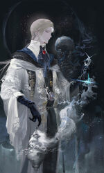 Rule 34 | 1boy, black background, black gloves, black ribbon, blonde hair, bloodborne, bloodytongue666, closed mouth, crescent, gem, gloves, highres, holding, jewelry, laurence the first vicar (human), long hair, looking at viewer, male focus, neck ribbon, necklace, profile, ribbon, robe, skull, smoke, solo, white robe