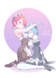 Rule 34 | 2girls, alternate hairstyle, aqua hair, blush, breasts, closed eyes, closed mouth, detached sleeves, dress, duplicate, frills, hair ornament, hair over one eye, hair ribbon, incest, large breasts, low twintails, maid, maid headdress, medium breasts, multiple girls, pantyhose, parted lips, pink eyes, pink hair, pixel-perfect duplicate, ram (re:zero), re:zero kara hajimeru isekai seikatsu, rem (re:zero), ribbon, roswaal mansion maid uniform, short hair, siblings, sisters, sitting, tomamatto, twins, twintails, twintails day, white pantyhose, x hair ornament