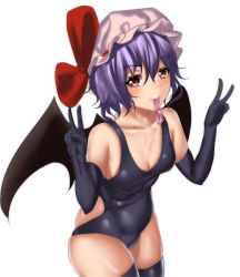 Rule 34 | 1girl, alternate costume, bad id, bad pixiv id, bare shoulders, bat wings, black hair, breasts, condom, condom in mouth, curvy, double v, elbow gloves, gloves, hat, highres, hk (hk), light purple hair, looking at viewer, mob cap, mouth hold, one-piece swimsuit, red eyes, remilia scarlet, shiny skin, short hair, skindentation, small breasts, solo, swimsuit, thighhighs, touhou, used condom, v, wings