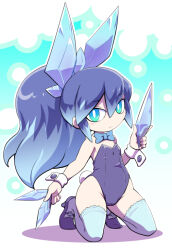 Rule 34 | 1girl, aqua eyes, blue hair, blue thighhighs, bow, bowtie, breasts, cameltoe, cleavage, fubukihime, high ponytail, kneeling, leotard, long hair, looking at viewer, multicolored hair, nollety, playboy bunny, rabbit tail, small breasts, solo, strapless, strapless leotard, tail, thighhighs, two-tone hair, wrist cuffs, youkai (youkai watch), youkai watch