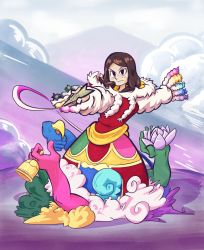 Rule 34 | 1girl, bags under eyes, bell, brown hair, chak-pur, cloud, colorful, dress, extra arms, flower, freckles, highres, indivisible, krisoyo, lotus, mountain, sand, sangmu (indivisible), solo