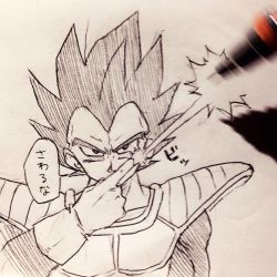 Rule 34 | 1boy, armor, black eyes, black hair, dragon ball, dragonball z, energy beam, fourth wall, gloves, index finger raised, looking at viewer, male focus, mechanical pencil, monochrome, pencil, simple background, solo focus, speech bubble, tkgsize, traditional media, translated, vegeta