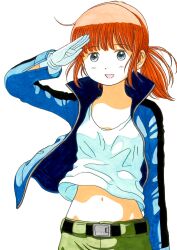 Rule 34 | 1980s (style), 1girl, arm up, belt, blue eyes, blue jacket, brown hair, gloves, highres, jacket, long hair, looking at viewer, marker (medium), midriff, navel, oldschool, open clothes, open jacket, open mouth, orange hair, original, pants, ponytail, retro artstyle, salute, shirt, simple background, smile, solo, standing, take (orion transport), traditional media, white background, white gloves, white shirt